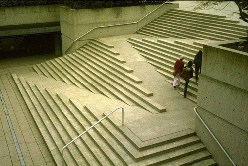 A set of stairs that combine stairs and a wheelchair ramp